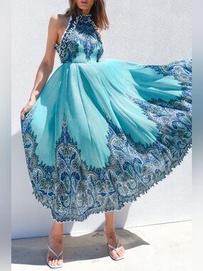Zimmermann *RARE* Runway Turquoise Halter Plisse Midi Dress Blue Paisley Border